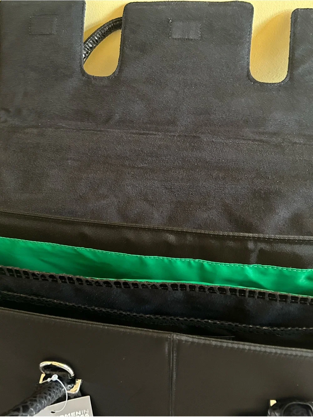 Men's Black Tote Bag with Green Lining